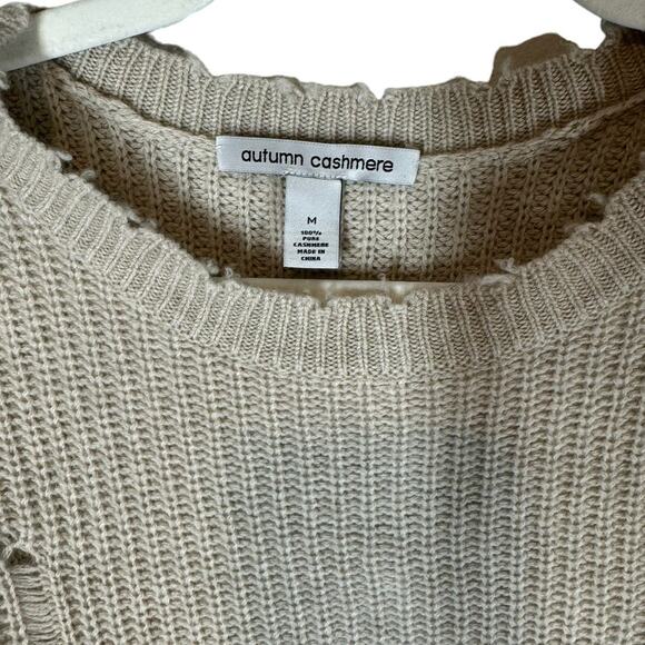 Autumn Cashmere Beige Cashmere Distressed Crew Neck Sweater Medium - Picture 6 of 8